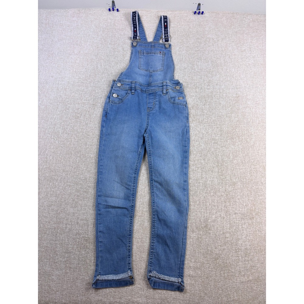 Tommy Hilfiger Girls Blue Denim Overalls Logo Straps Frayed Hem Size 8